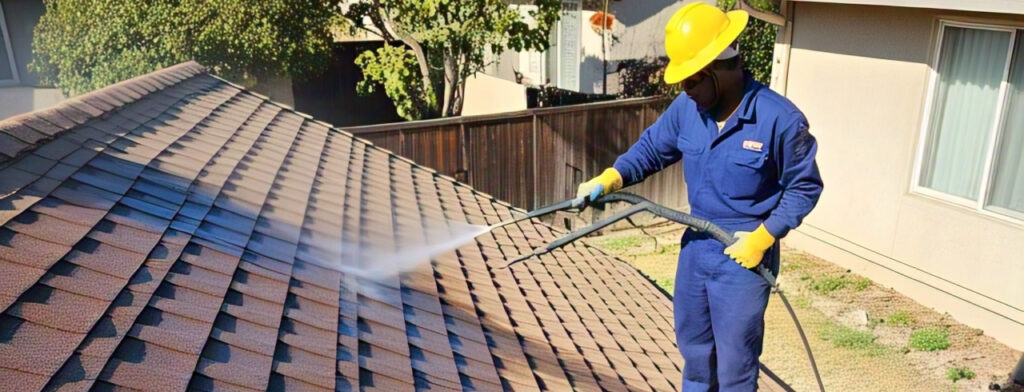 guy on rooftop pressure washing and earning a living