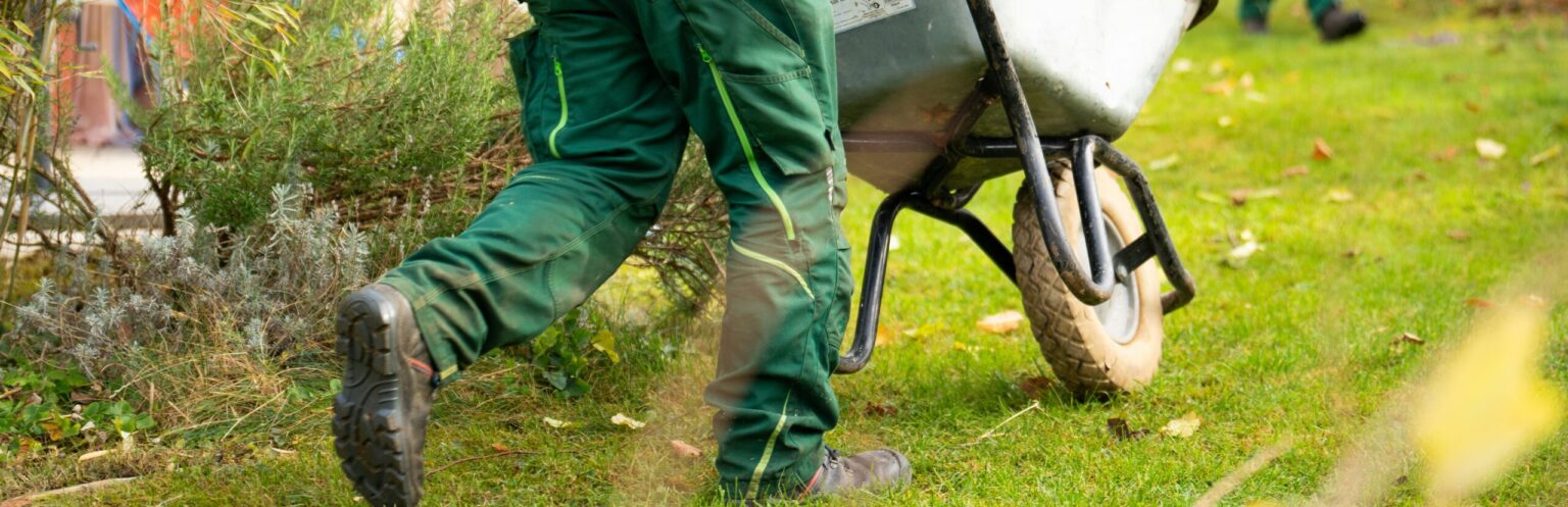 landscaping professional pushing a wheel barrow